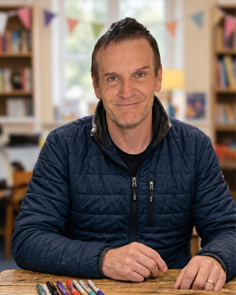 Christopher Turner, Somerset author of The Garden Grump, seated at a table with coloured pens
