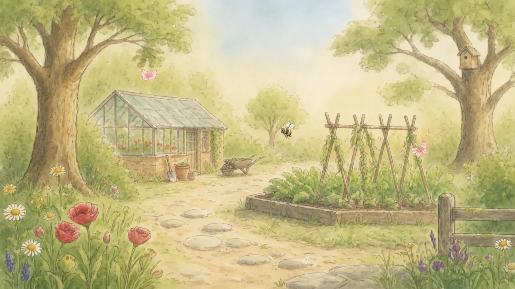 The garden by the greenhouse: the bean poles over the vegetable bed, the barrow and the spade, and the stone path through the flowers, with a bumblebee and two pink butterflies