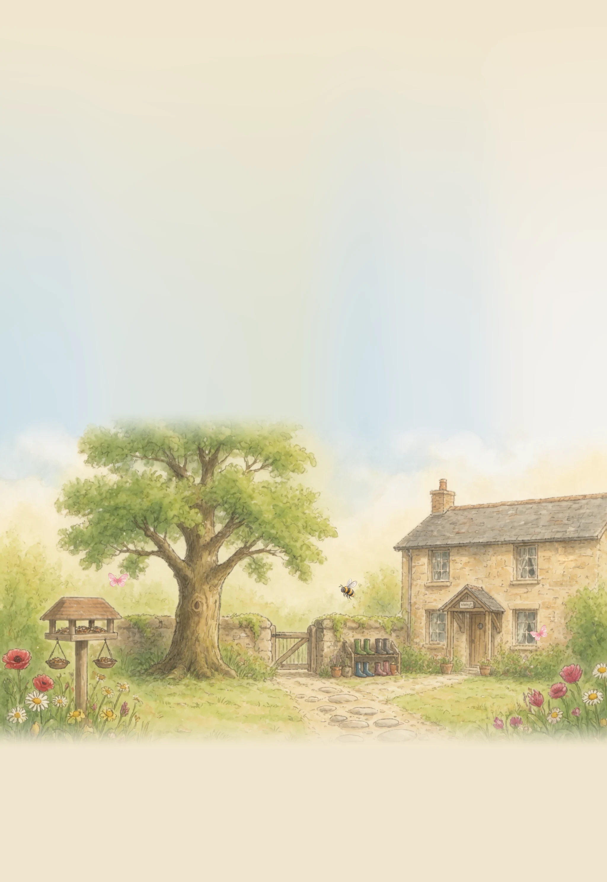 The garden at the cottage: the big tree, the old wooden gate in the stone wall, the bird table and the boots by the door, with a bumblebee and two pink butterflies over the stone path